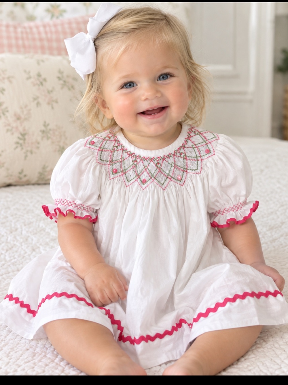 White Girls' Smocked shirt (or dress) with Pink Trim and Embroidery. So cute!